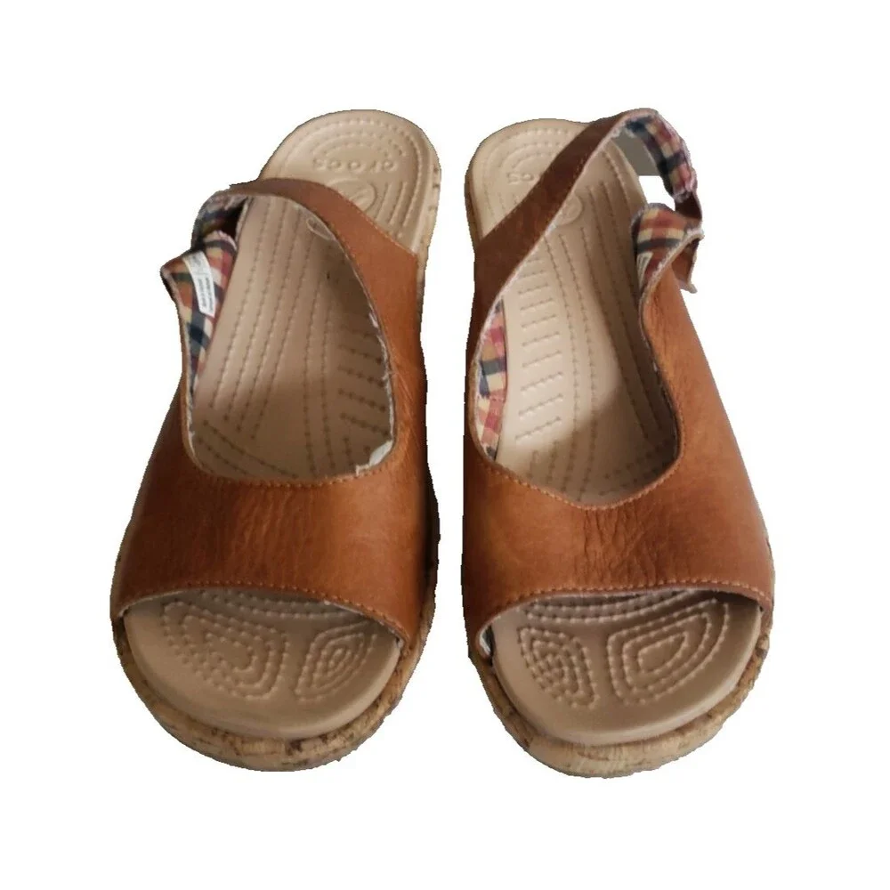 Crocs A-Leigh Brown Leather Slingback Peep Toe Cork Wedge Women's Size 7 Sandals